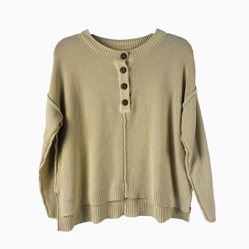 Natural Reflection Women Sweater Knit Size M Henley Long Sleeve Pullover Beige